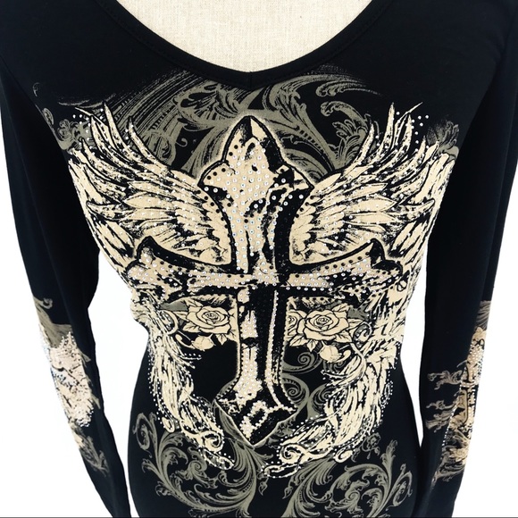 Rhinestone embellished cross w/ wings, long sleeve, slashed peekaboo back Harley - Picture 2 of 7